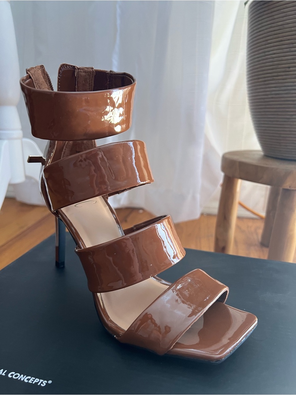 INC International Concepts Brown Patent Multi-Strap High Heel Sandals